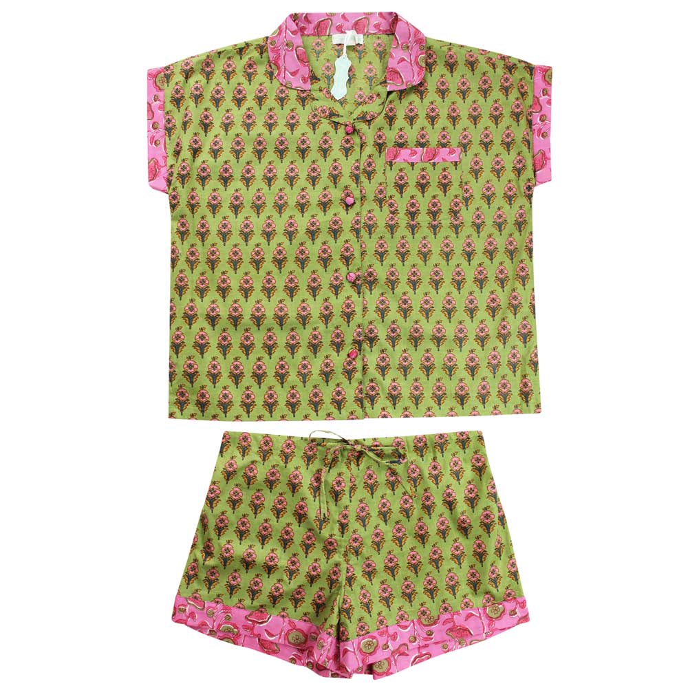 Lime Green & Pink Small Block Floral Short Pyjama Set