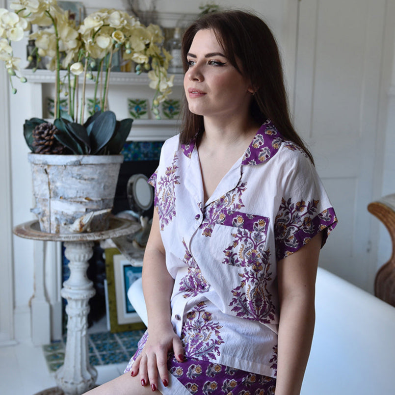 Purple Small & Large Mixed Block Print Short Pyjama Set