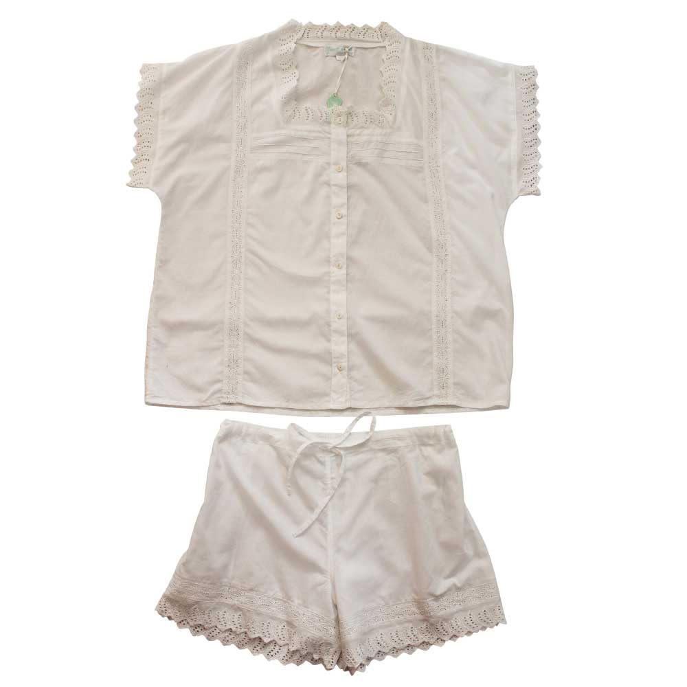 Square Neck, Short Sleeved, White Shortie Pyjama Set