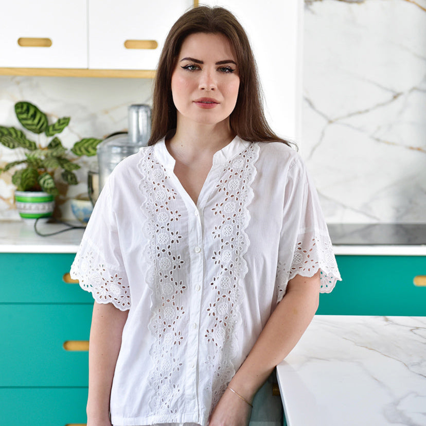 Short Sleeve Button Down Full Trim Front White Shortie Pyjama Set