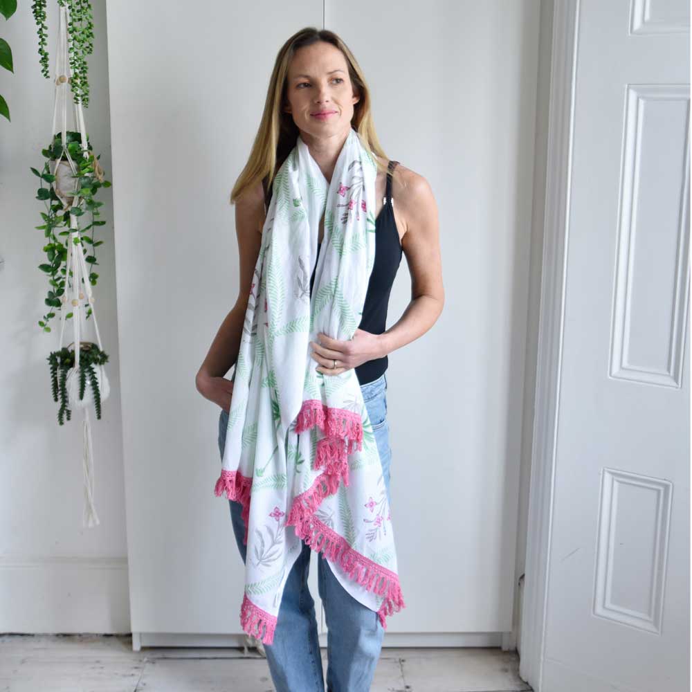Pink Floral Palm Block Printed Sarong