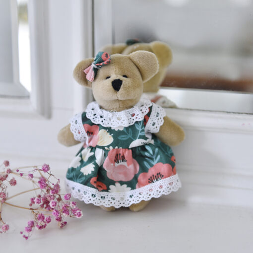 Mini Soft Teddy With Green Woodland Dress