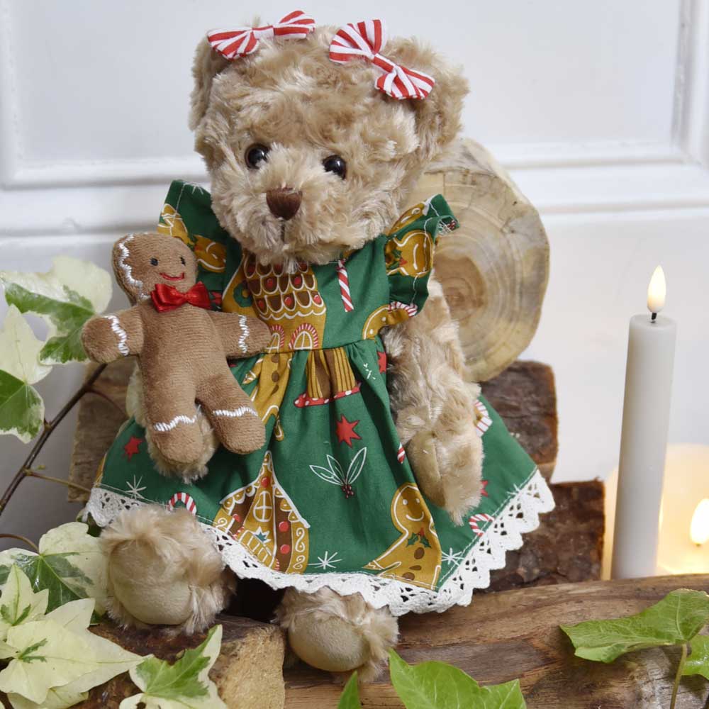 Teddy Bear With Gingerbread Man Print Dress & Baby Gingerbread Teddy Bear With Gingerbread Man Print Dress & Baby Gingerbread
