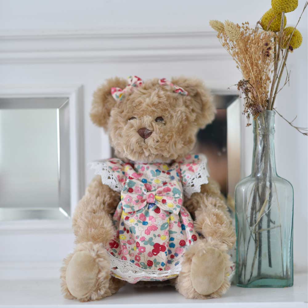 Teddy Bear Dressed in Floral & Fruit Print Dress Teddy Bear Dressed in Floral & Fruit Print Dress