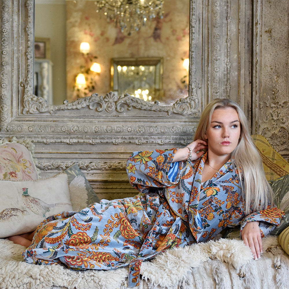 Velvet Grey, Coral & Mustard Print Dressing Gown With Satin Lining Velvet Grey, Coral & Mustard Print Dressing Gown With Satin Lining