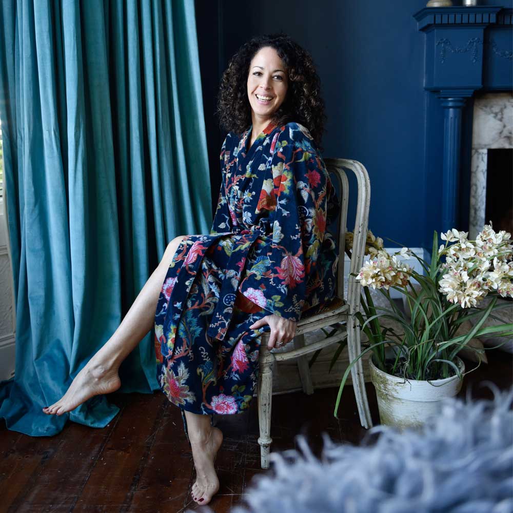 Velvet Dark Blue Exotic Flower Dressing Gown With Satin Lining Velvet Dark Blue Exotic Flower Dressing Gown With Satin Lining
