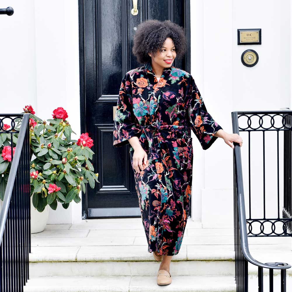 Velvet Black Exotic Flower Robe With Satin Lining