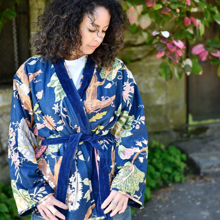 Dark Blue Velvet/Carnation Cotton Print Reversible Jacket