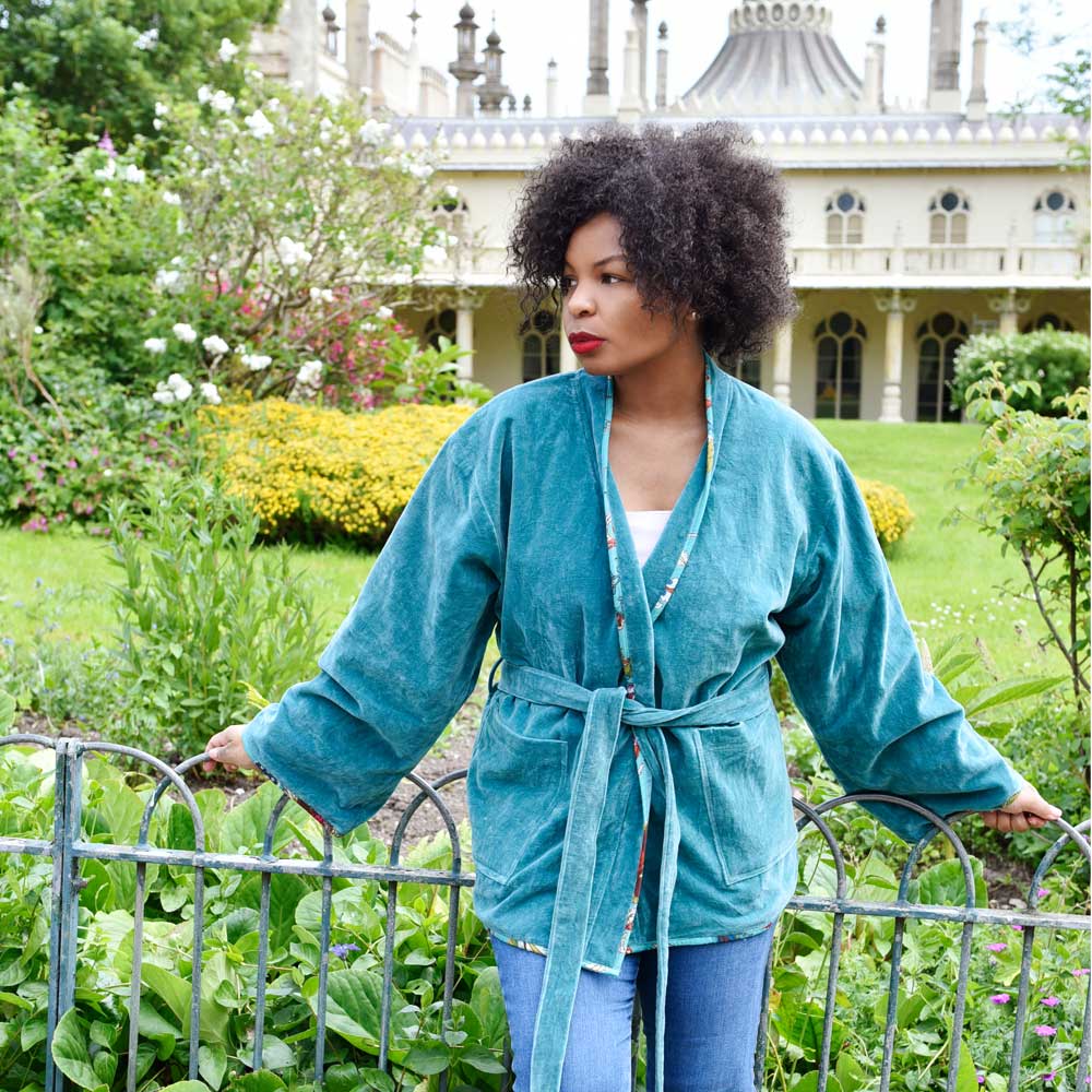 Teal Velvet/Teal Exotic Flower Cotton Print Reversible Jacket