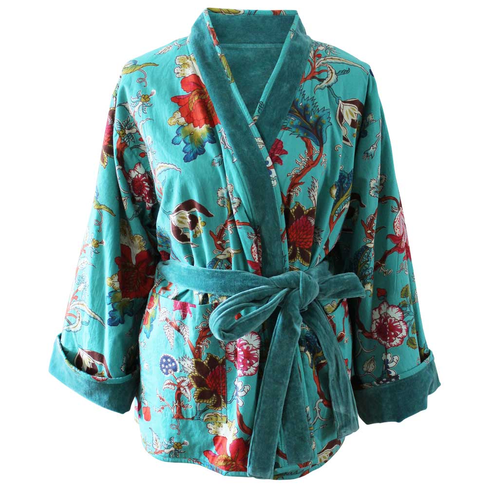 Teal Velvet/Teal Exotic Flower Cotton Print Reversible Jacket