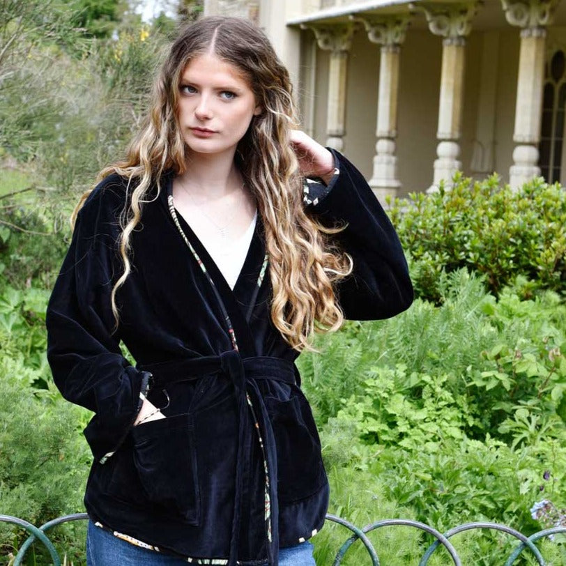 Black Velvet/Black Safari At Night Cotton Print Reversible Jacket