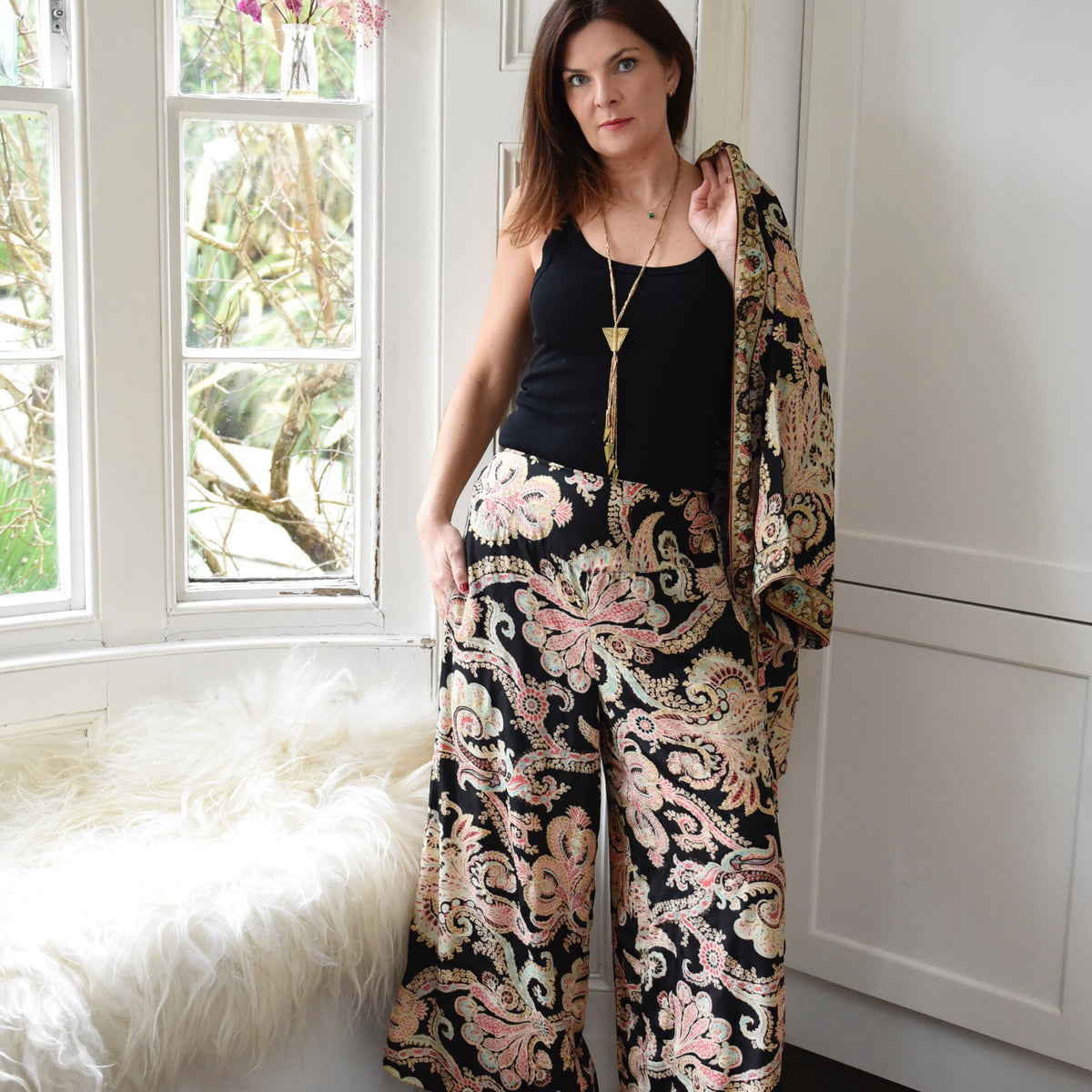 Black, Rose & Gold Baroque Floral Print Viscose Trousers