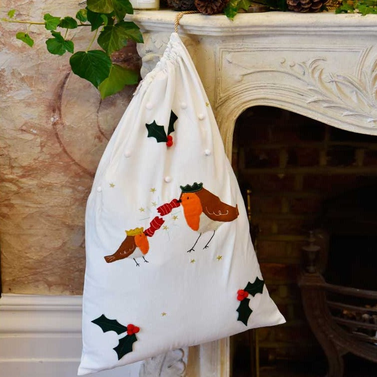 Robin Embroidered Christmas Sack