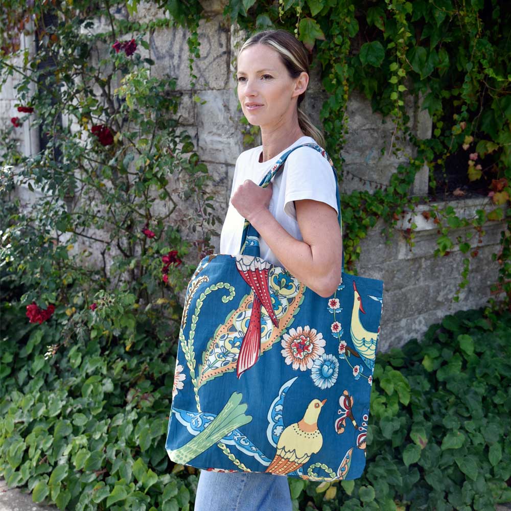 Blue Floral Exotic Bird Canvas Tote Bag