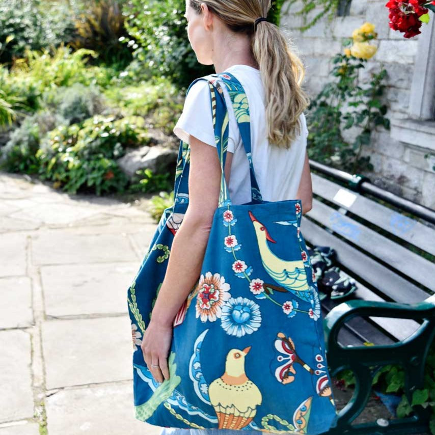 Blue Floral Exotic Bird Canvas Tote Bag