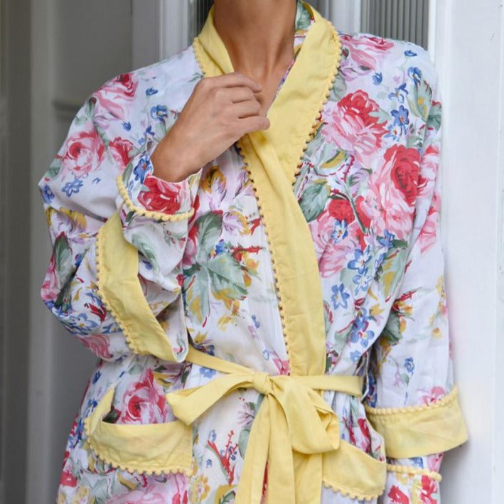 Floral Lemon Pom Pom Ladies Dressing Gown