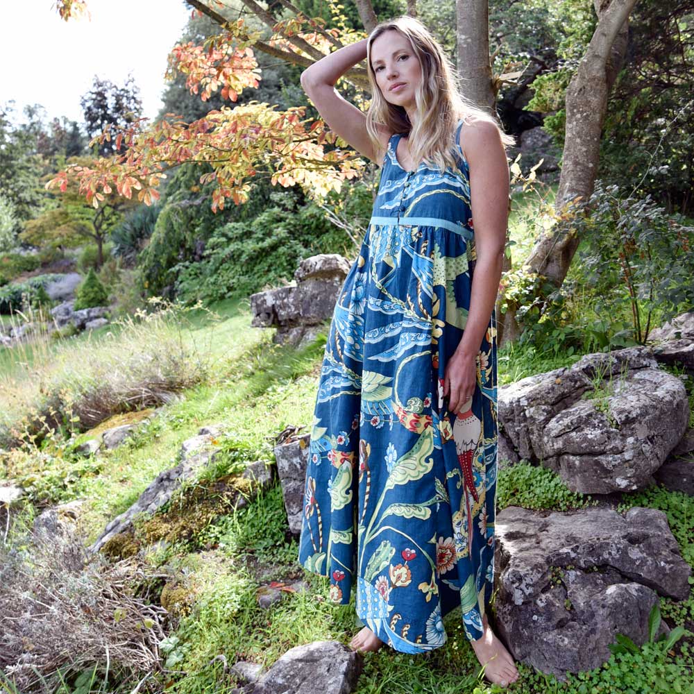 ‘Vita’ Blue Exotic Bird Strappy Cotton Dress