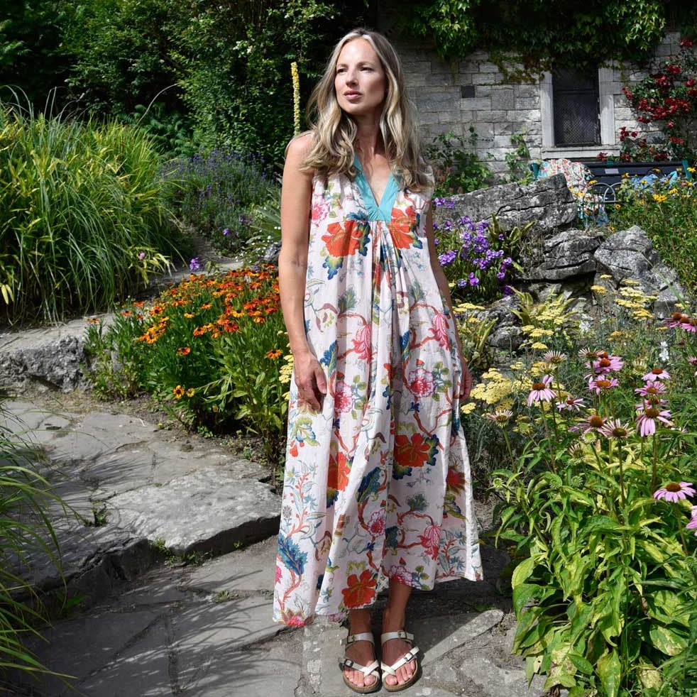 ‘Eden’ Pink Exotic Flower V-Neck Sleeveless Cotton Dress