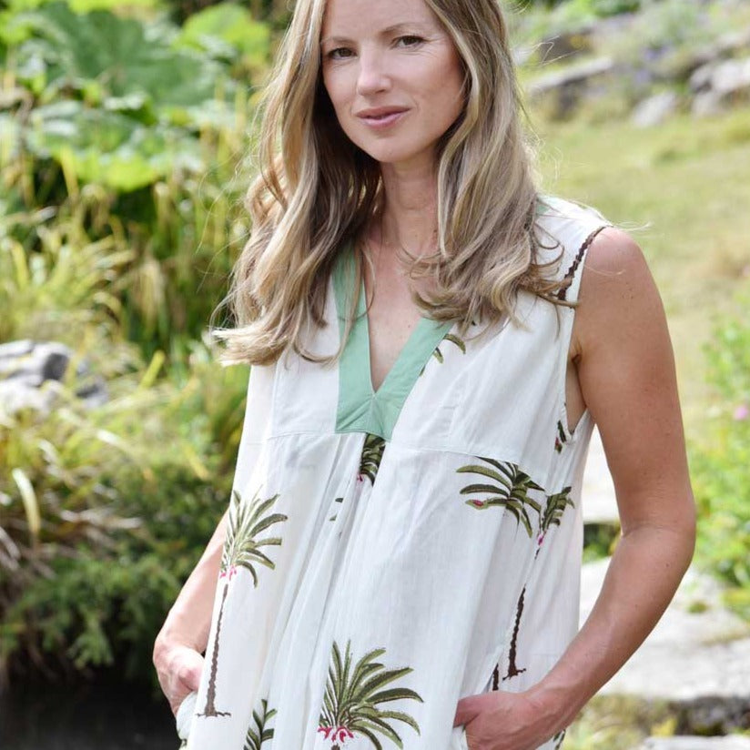 ‘Jaime’ Green Palm Tree V Neck Sleeveless Cotton Dress