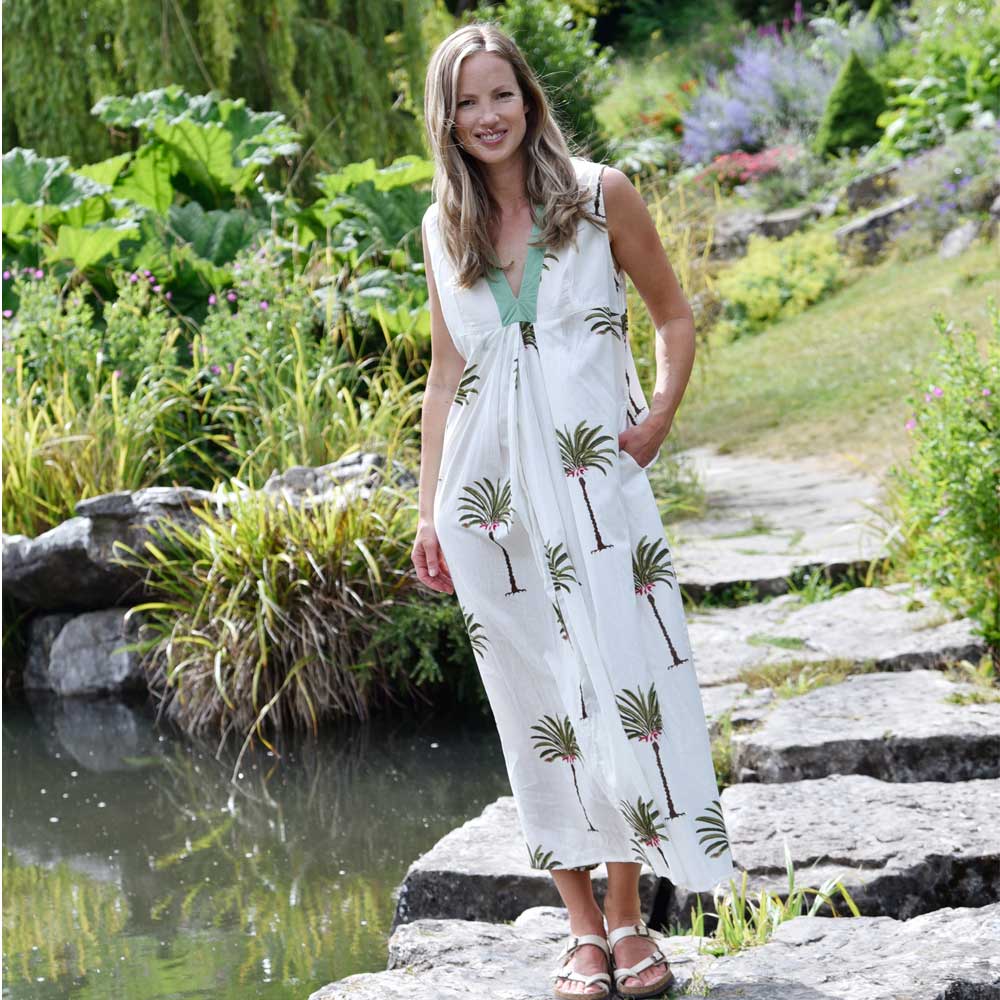 ‘Jaime’ Green Palm Tree V-Neck Sleeveless Cotton Dress