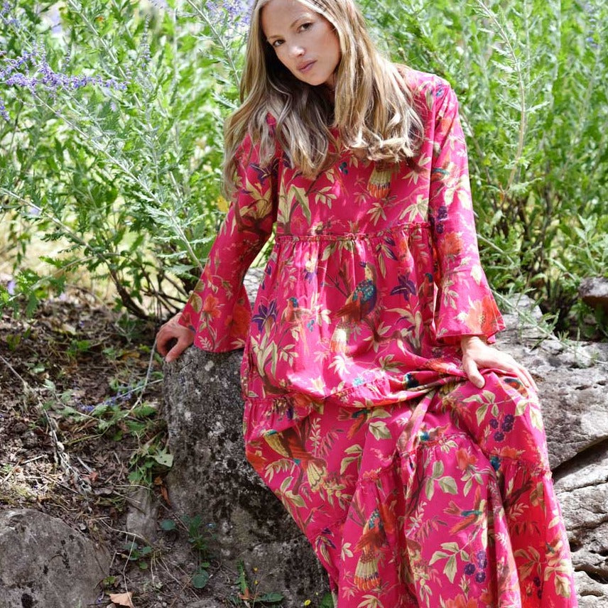 Azure' Hot Pink Bird Long Sleeve Cotton Tiered Dress