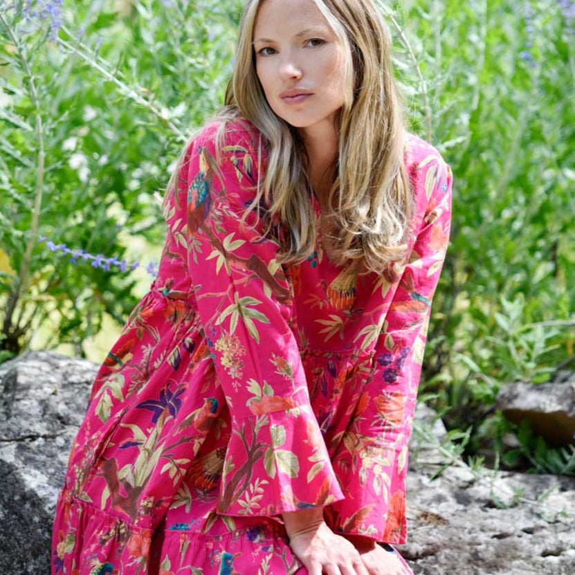 ‘Azure’ Hot Pink Bird Long Sleeve Cotton Tiered Dress