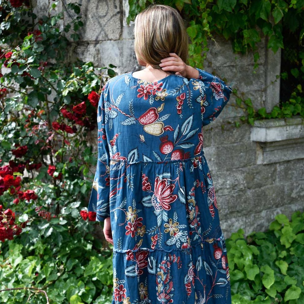 ‘River’ Grey Fruit Bird Long Sleeve Cotton Tiered Dress