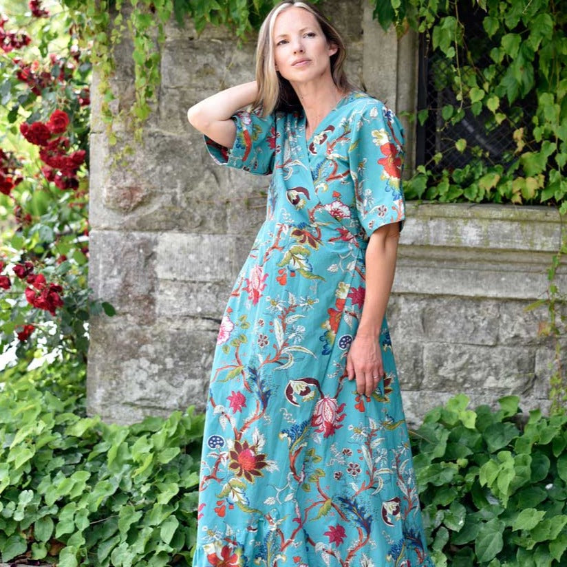 ‘Harlow’ Teal Exotic Flower Long Cotton Wrap Dress