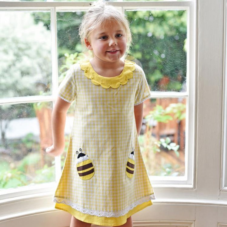 Lemon Checked Appliqued Bumble Bee Dress Lemon Checked Appliqued Bumble Bee Dress