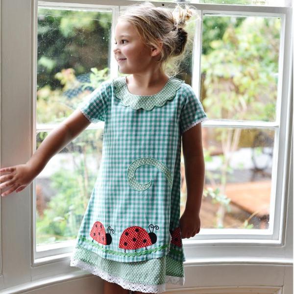 Green Checked Appliqued Ladybird Dress Green Checked Appliqued Ladybird Dress