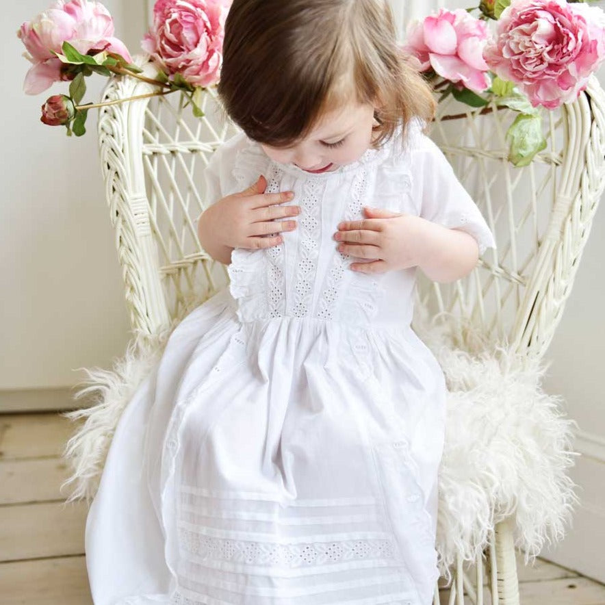 Embroidered And Pin Tucked Short Sleeve White Dress