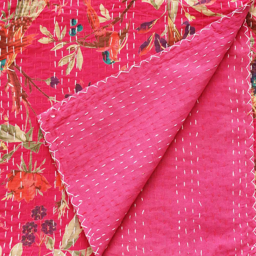Hot Pink Birds Kantha Throw