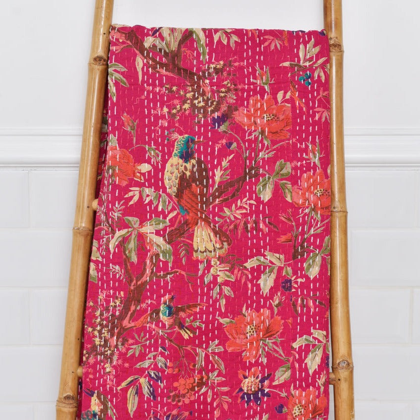 Hot Pink Birds Kantha Throw