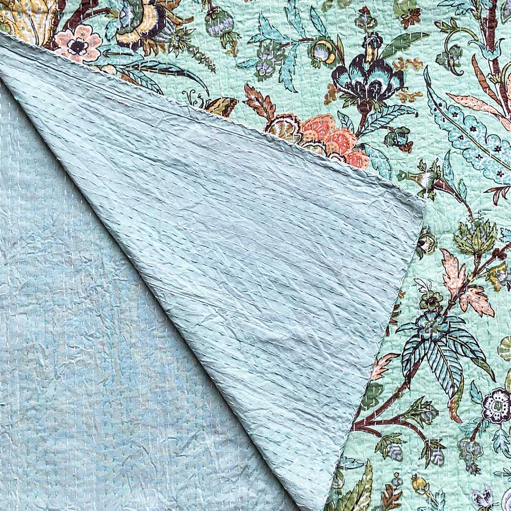 Mint Exotic Flowers Kantha Throw