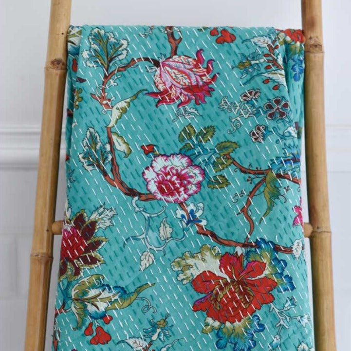 Teal Exotic Flower Kantha Throw