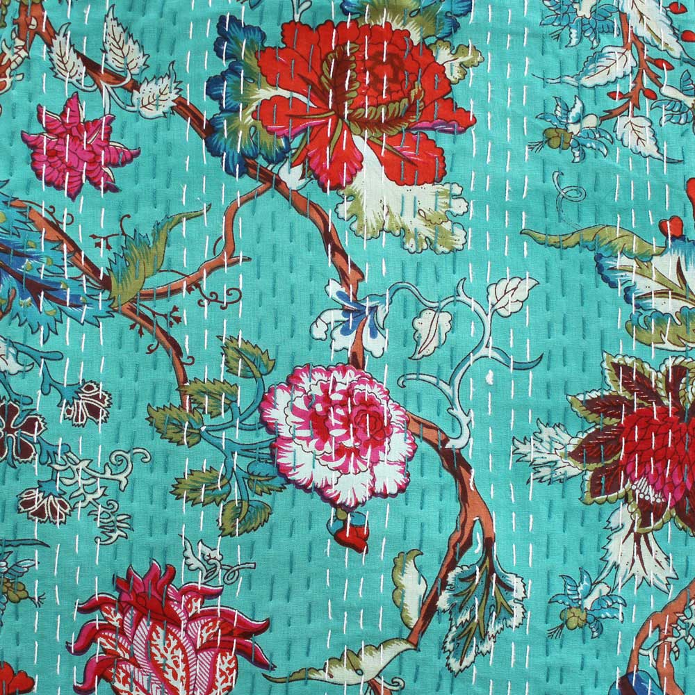 Teal Exotic Flower Kantha Throw