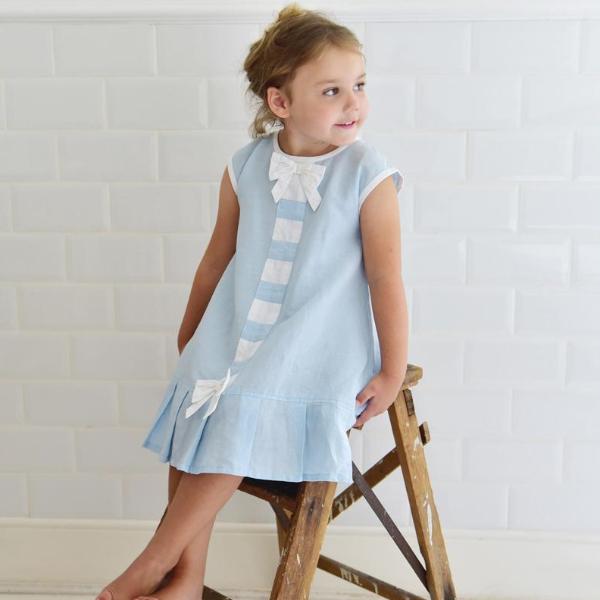 Blue Linen Sleeveless Dress with Ribbon Front