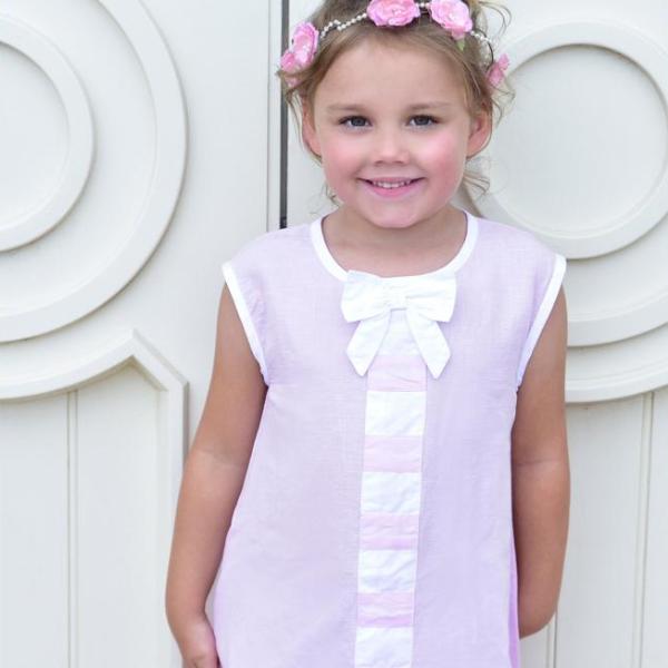 Pink Linen Sleeveless Dress with Ribbon Front