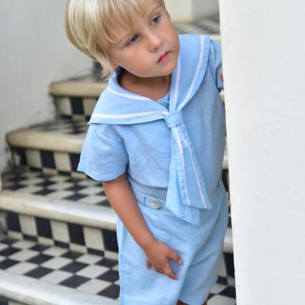 Blue Linen Sailor Top + Shorts Set
