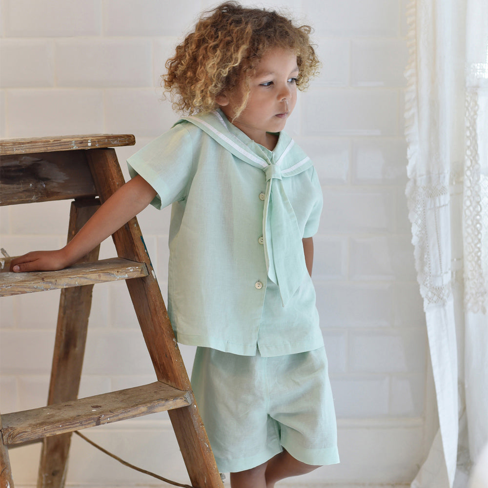 Mint Linen Sailor Top + Shorts Set