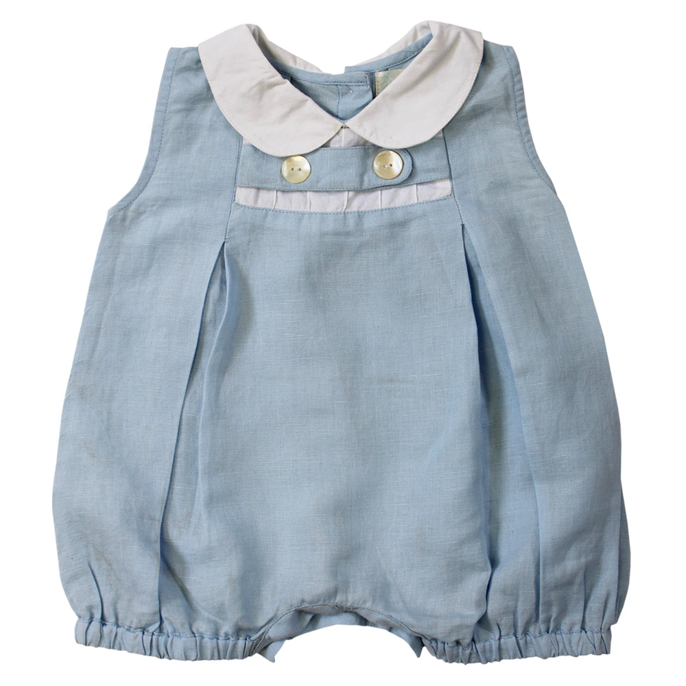 Blue Linen Romper with White Trims