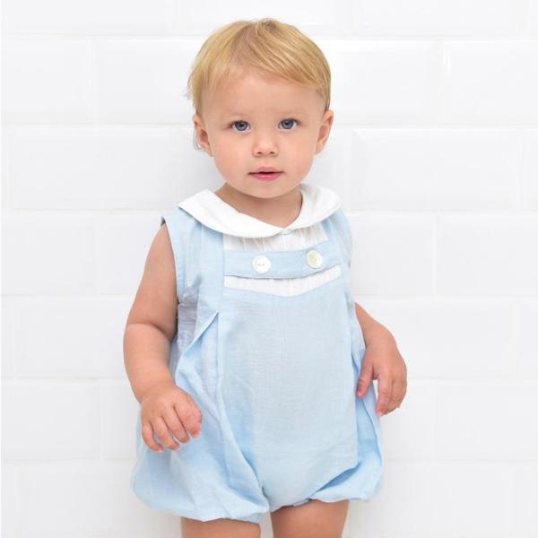 Blue Linen Romper with White Trims