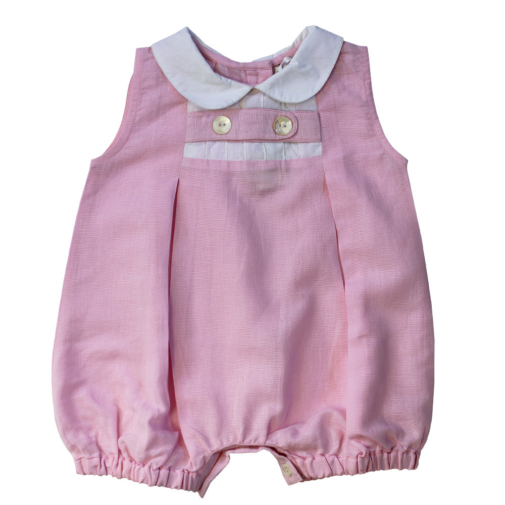 Powder Pink Linen Romper with White Trims