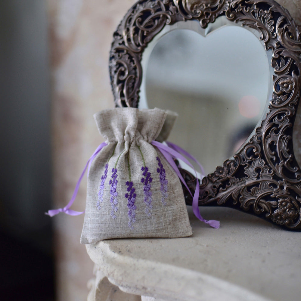 Pack of 3 Raw Linen Lavender Sachet with Lavender Embroidery