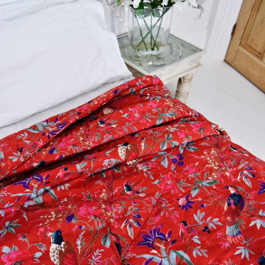 Red Exotic Bird Print Quilt