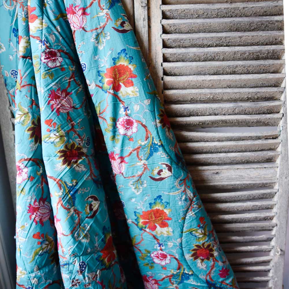 Teal Exotic Floral Print Quilt
