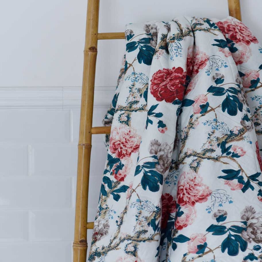 Cream Background Peony Flower Print Quilt/Throw