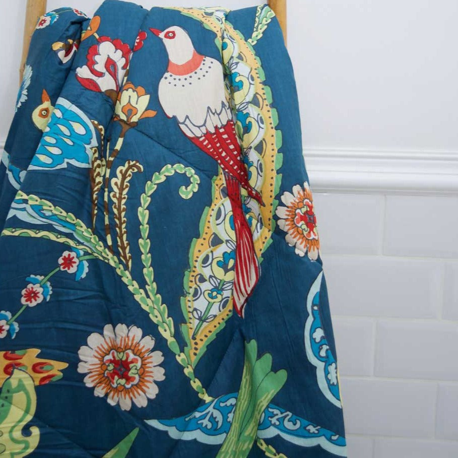 Blue Floral Exotic Bird Print Quilt