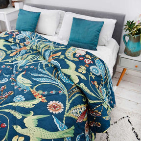 Blue Floral Exotic Bird Print Quilt