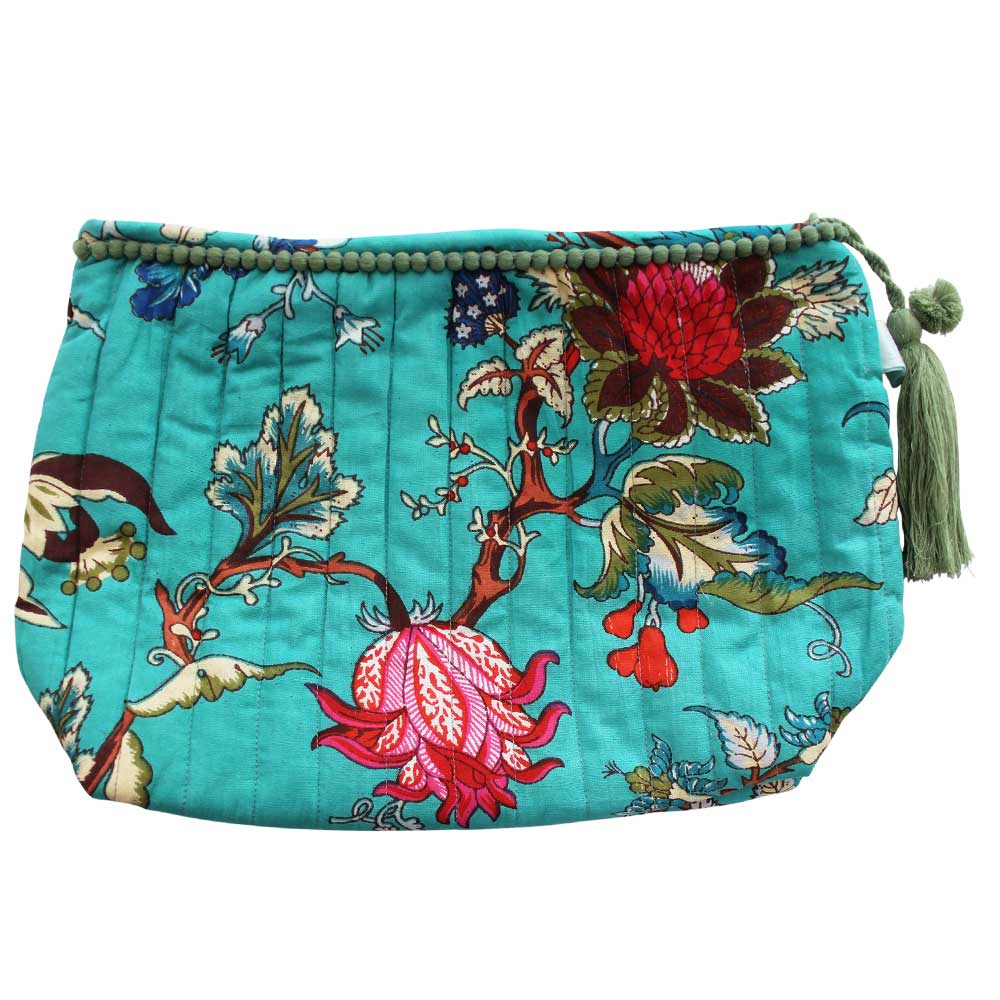 Teal Exotic Flower Print Lined Wash Bag
